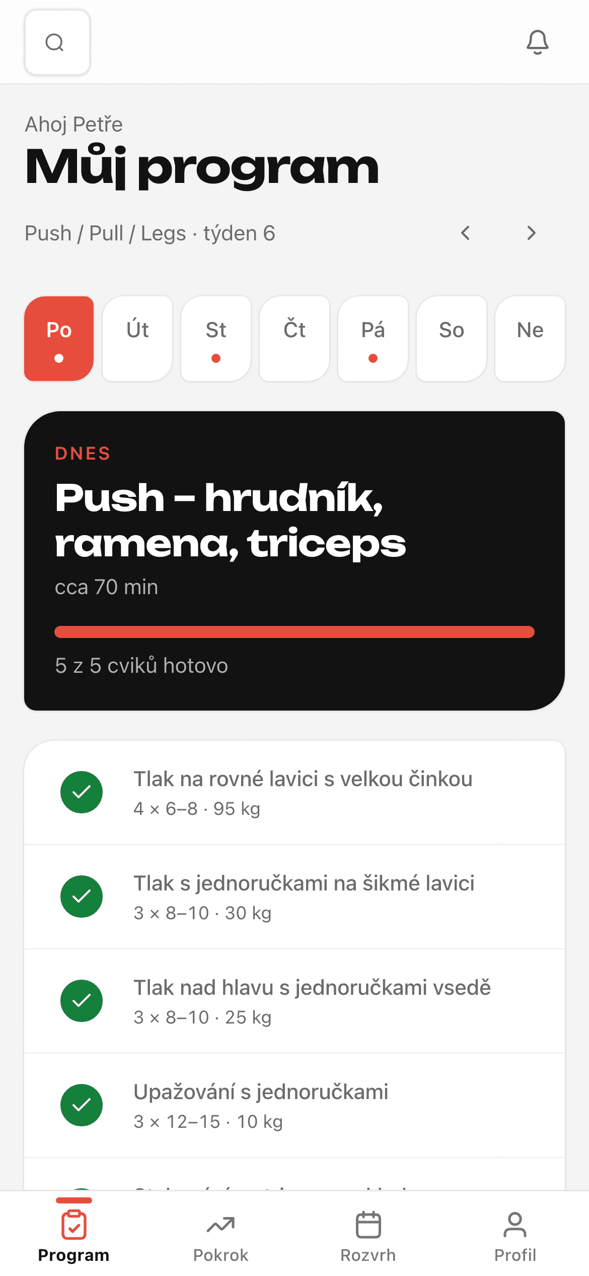 Klientská aplikace: dnešní trénink s odškrtanými cviky