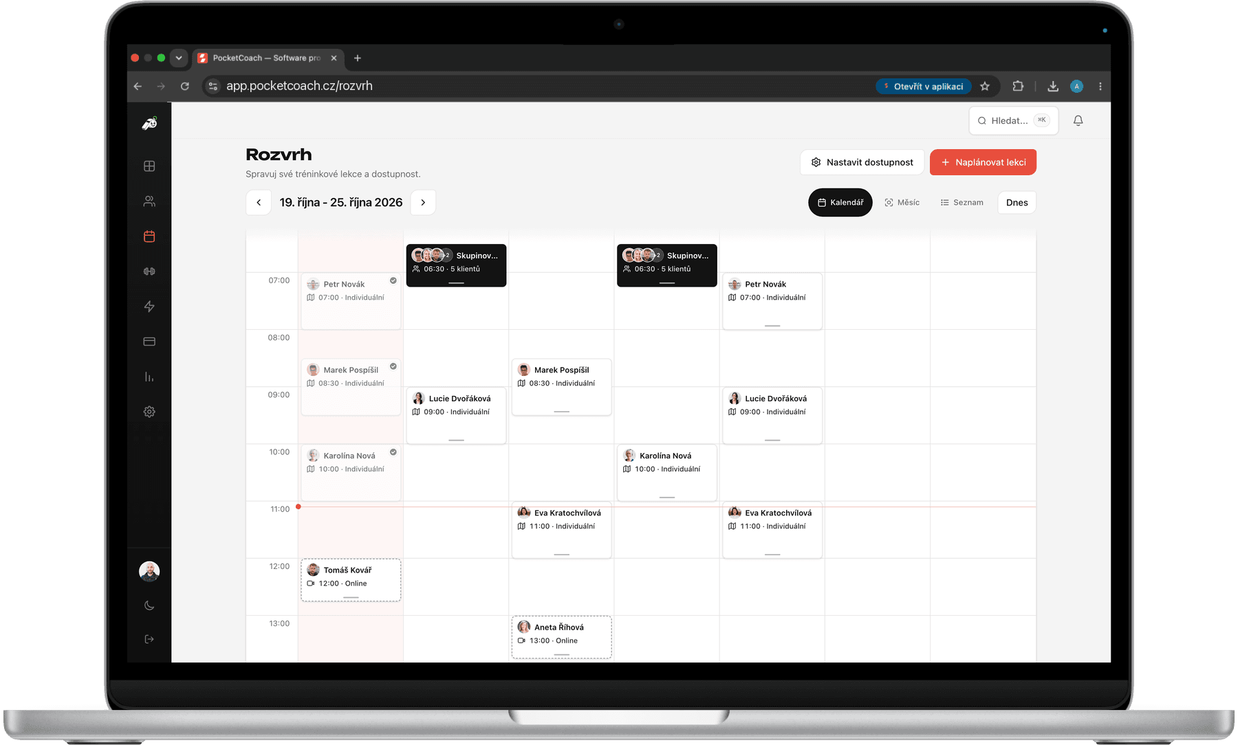 PocketCoach – týdenní rozvrh lekcí